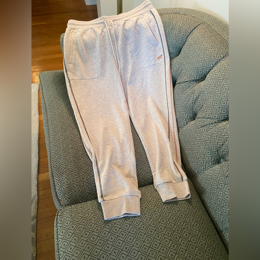 Talbots beige sweatpants with embroidered orange fox on left leg. 1X